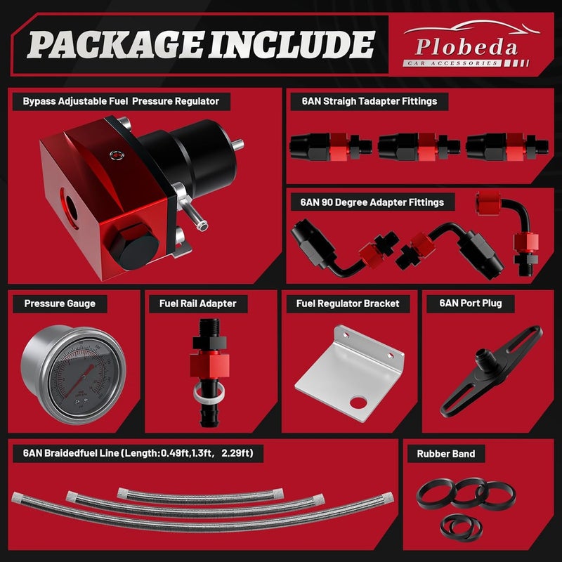 Plobeda EFI Fuel Pressure Regulator Kit with Bypass Return 0-100psi Pressure Gauge AN6-6AN Fuel Line Hose Fitting Connectors Kit Adjustable Universal Aluminum (Red) - Image 2
